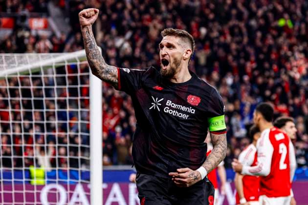 Robert Andrich of Bayer 04 Leverkusen celebrates after scoring his teams first goal Bayer 04 Leverkusen v Arsenal FC, UEFA Champions League 2025 26 Round of 16 First Leg, Bayer 04 Leverkusen v Arsenal FC, BayArena, March 11, 2026, Leverkusen, Germany.