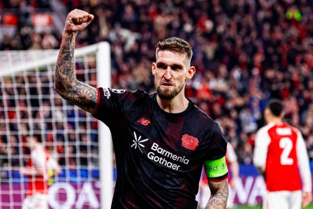 Robert Andrich of Bayer 04 Leverkusen celebrates after scoring his teams first goal Bayer 04 Leverkusen v Arsenal FC, UEFA Champions League 2025 26 Round of 16 First Leg, Bayer 04 Leverkusen v Arsenal FC, BayArena, March 11, 2026, Leverkusen, Germany.