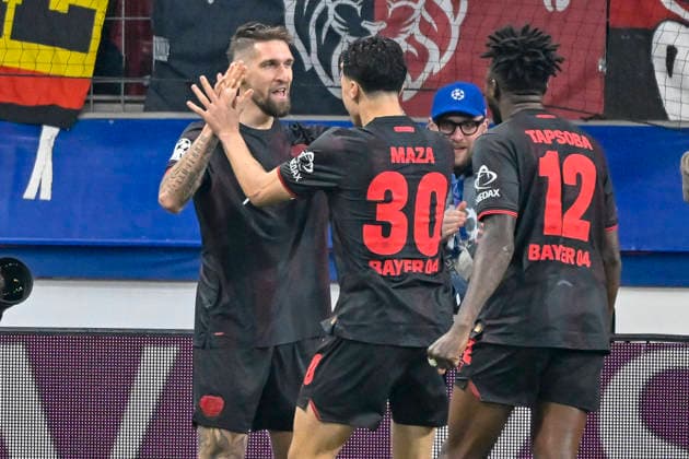 Robert Andrich Leverkusen 8 celebrates after scoring the 1 0 goal with Ibrahim Maza Leverkusen 30 Robert Andrich Leverkusen 8 11 03 2026 ¢ Football ¢ Champions League, Bayer Leverkusen vs FC Arsenal, BayArena, Leverkusen, Copyright: xpepphotox xHorstxMauelshagenx pep00321, pep_20260311_hm_305243