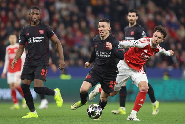 Alejandro Grimaldo Bayer 04 Leverkusen and Martin Zubimendi Arsenal FC battle for the ball during the UEFA Champions League 2025 26 Round of 16 First Leg match between Bayer 04 Leverkusen and Arsenal FC at BayArena on March 11, 2026 in Leverkusen, Germany Photo by Oliver Kaelke DeFodi Images