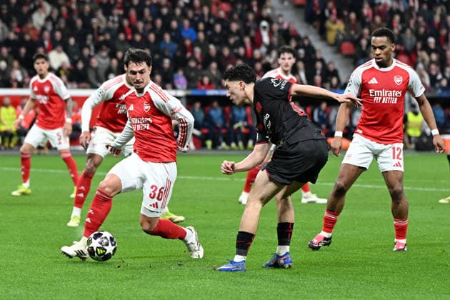 Martin Zubimendi FC Arsenal and Ibrahim Maza Bayer 04 Leverkusen battle for the ball during the UEFA Champions League 2025 26, Round of 16, First leg match between Bayer 04 Leverkusen and FC Arsenal, BayArena on March 11, 2026 in Leverkusen, Germany, Germany Photo by Ralf Treese DeFodi Images Martin Zubimendi FC Arsenal and Ibrahim Maza Bayer 04 Leverkusen battle for the ball during the UEFA Champions League 2025 26 Round of 16, First Leg, match between Bayer 04 Leverkusen and FC Arsenal at BayArena on February 24, 2026 in Leverkusen, Germany Photo by Ralf Treese DeFodi Images