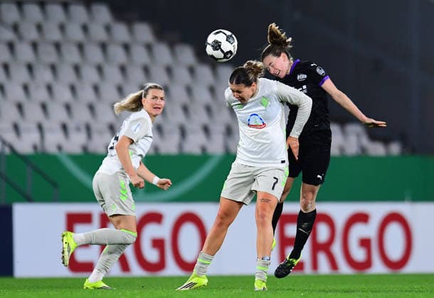 Soccer Women DFB Cup Season 2025 2026 Quarterfinal SGS Essen Werder Bremen on 11 03 2026 at the stadium at Hafenstraße in Essen Larissa Michelle Mühlhaus Werder Bremen , front Lena Ostermeier SGS Essen , back DFB regulations prohibit any use of photographs as image sequences and or quasi video Nordrhein Westfalen Germany