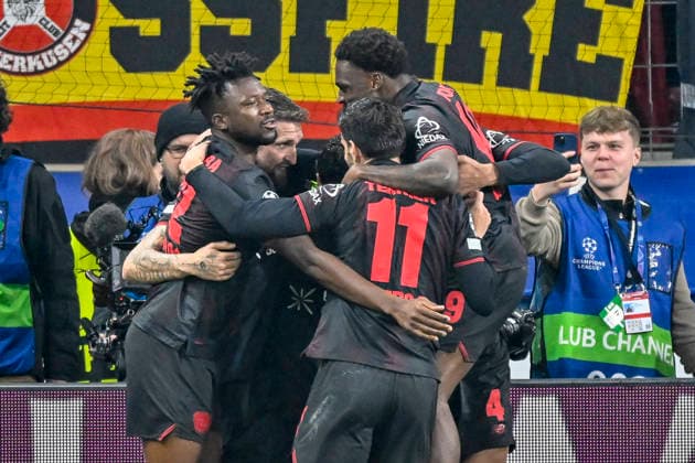 Robert Andrich Leverkusen 8 celebrates with the team after scoring the 1 0 goal 11 03 2026 ¢ Soccer ¢ Champions League, Bayer Leverkusen vs FC Arsenal, BayArena, Leverkusen, Copyright: xpepphotox xHorstxMauelshagenx pep00321, pep_20260311_hm_305298