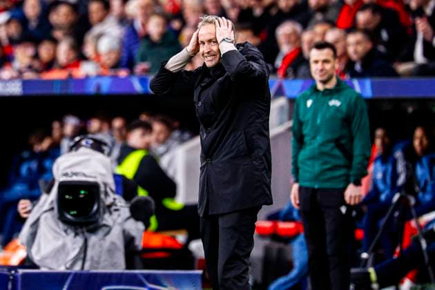 Head Coach Kasper Hjulmand of Bayer 04 Leverkusen looks dejected Bayer 04 Leverkusen v Arsenal FC, UEFA Champions League 2025 26 Round of 16 First Leg, Bayer 04 Leverkusen v Arsenal FC, BayArena, March 11, 2026, Leverkusen, Germany.