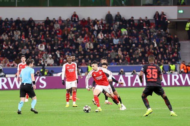duel between Gabriel Martinelli Arsenal London and Jarell Quansah Bayer Leverkusen GER, Bayer Leverkusen vs Arsenal London, Football, Champions League, Round of 16, 2025 2026 season, 11 03 2026 DFL REGULATIONS PROHIBIT ANY USE OF PHOTOGRAPHS AS IMAGE SEQUENCES AND OR QUASI VIDEO GER, Bayer Leverkusen vs Arsenal London, Football, Champions League, Round of 16, 2025 2026 season, 11 03 2026 Leverkusen Copyright: xEibner-Pressefoto FrankxZeisingx EP_FZG