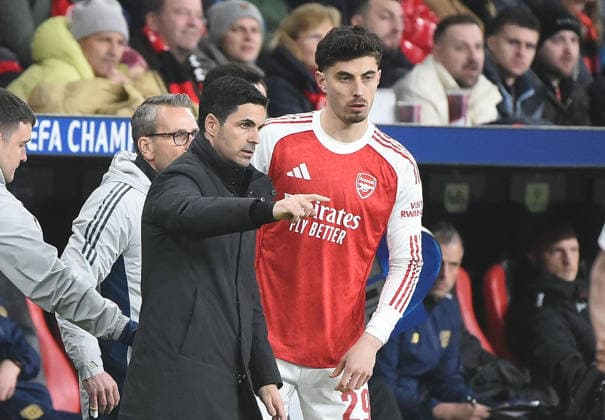 11 03 2026, xhbx, Football UEFA Champions League, Bayer 04 Leverkusen FC Arsenal London v l Coach Mikel Arteta Arsenal London FC , Kai Havertz Arsenal London FC DFL DFB REGULATIONS PROHIBIT ANY USE OF PHOTOGRAPHS as IMAGE SEQUENCES and or QUASI VIDEO Leverkusen