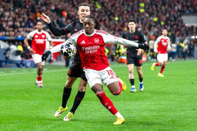 Eberechi Eze Arsenal, 10 Alejandro Grimaldo 20 UEFA Champions League 2025 2026 Bayer 04 Leverkusen vs Arsenal, Round of 16 First Round, Wednesday, 11 03 2026 BayArena Nordrhein Westfalen, Germany Copyright: xCelinaxLeiersx