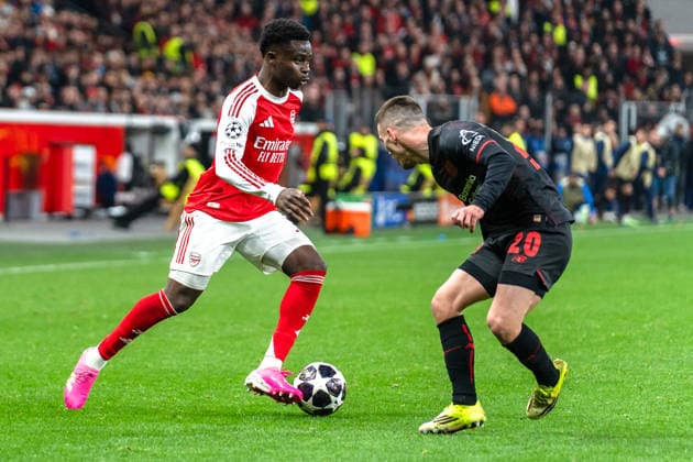 UEFA Champions League 2025 2026 Bayer 04 Leverkusen vs Arsenal, Round of 16 First Round, Wednesday, 11 03 2026 BayArena Nordrhein Westfalen, Germany Bukayo Saka Arsenal, 7 Alejandro Grimaldo 20 Copyright: xCelinaxLeiersx