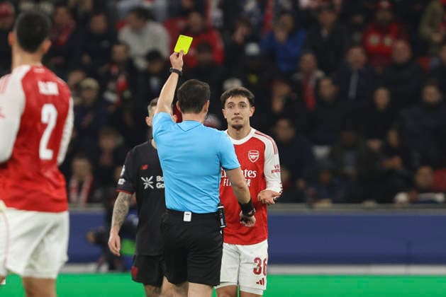 Martin Zubimendi Arsenal FC gets the yellow card during the UEFA Champions League 2025 26 Round of 16 First Leg match between Bayer 04 Leverkusen and Arsenal FC at BayArena on March 11, 2026 in Leverkusen, Germany Photo by Oliver Kaelke DeFodi Images