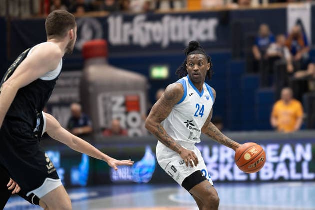 Kresimir Nikic MBC 9 , Lamb Autrey BKO, 24 , Syntainics MBC vs BK Olomoucko, European North Basketball League, Round of 16, 2025 26, Germany, Czech Republic, 11 03 2026 Weissenfels Stadthalle Sachsen Anhalt Germany