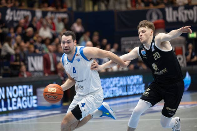 Adam Goga BKO, 4 , Perttu Blomgren MBC, 20 , Syntainics MBC vs BK Olomoucko, European North Basketball League, Round of 16, 2025 26, Germany, Czech Republic, 11 03 2026 Weissenfels Stadthalle Sachsen Anhalt Germany