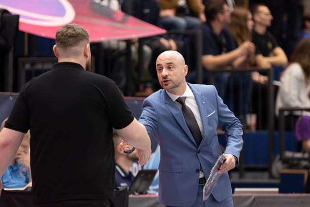 Matej Musil BKO, Haed Coach , Milenko Bogicevic MBC, Head Coach , Syntainics MBC vs BK Olomoucko, European North Basketball League, Round of 16, 2025 26, Germany, Czech Republic, 11 03 2026 Weissenfels Stadthalle Sachsen Anhalt Germany