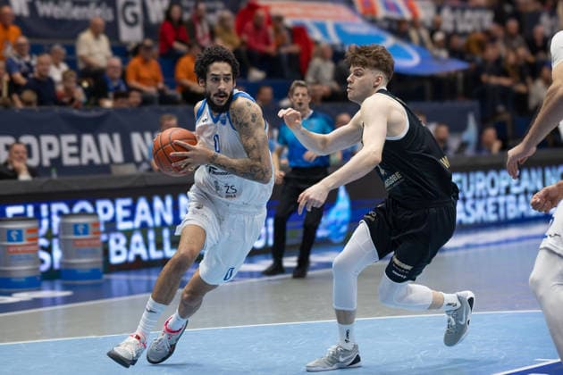 Marek Ayers Nelson BKO, 0 , Perttu Blomgren MBC, 20 , Syntainics MBC vs BK Olomoucko, European North Basketball League, Round of 16, 2025 26, Germany, Czech Republic, 11 03 2026 Weissenfels Stadthalle Sachsen Anhalt Germany