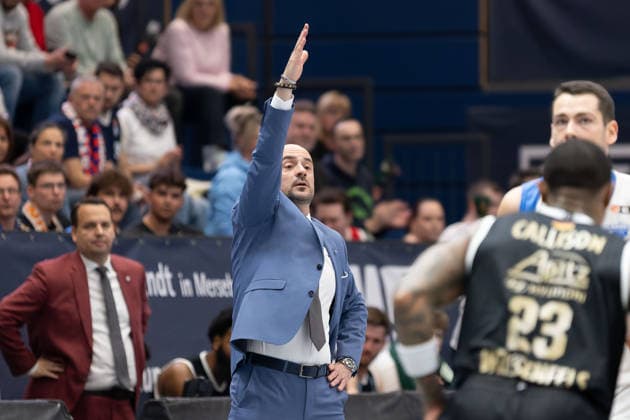 Milenko Bogicevic MBC, Head Coach , Syntainics MBC vs BK Olomoucko, European North Basketball League, Round of 16, 2025 26, Germany, Czech Republic, 11 03 2026 Weissenfels Stadthalle Sachsen Anhalt Germany