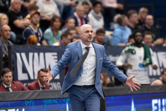 Milenko Bogicevic MBC, Head Coach , Syntainics MBC vs BK Olomoucko, European North Basketball League, Round of 16, 2025 26, Germany, Czech Republic, 11 03 2026 Weissenfels Stadthalle Sachsen Anhalt Germany