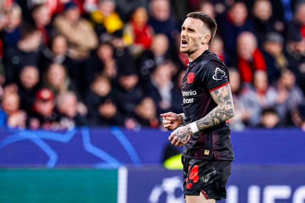 Aleix Garcia of Bayer 04 Leverkusen looks dejected Bayer 04 Leverkusen v Arsenal FC, UEFA Champions League 2025 26 Round of 16 First Leg, Bayer 04 Leverkusen v Arsenal FC, BayArena, March 11, 2026, Leverkusen, Germany.