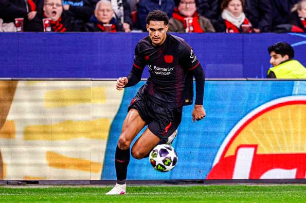 Jarell Quansah of Bayer 04 Leverkusen runs with the ball Bayer 04 Leverkusen v Arsenal FC, UEFA Champions League 2025 26 Round of 16 First Leg, Bayer 04 Leverkusen v Arsenal FC, BayArena, March 11, 2026, Leverkusen, Germany.