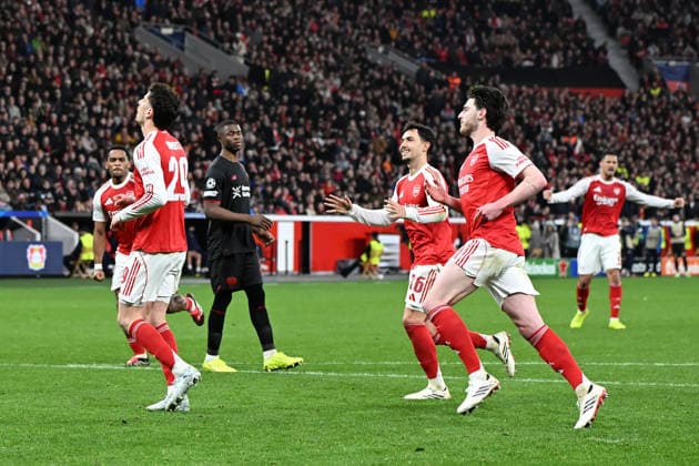 Kai Havertz FC Arsenal celebrates after scoring his team™s first goal with teammates during the UEFA Champions League 2025 Round of 26, Round of 16, First Leg match between Bayer 04 Leverkusen and FC Arsenal, BayArena on March 11, 2026 in Leverkusen, Germany, Germany Photo by Ralf Treese DeFodi Images Kai Havertz FC Arsenal celebrates after scoring his team™s first goal with teammates during the UEFA Champions League 2025 26 Round of 16, First Leg, match between Bayer 04 Leverkusen and FC Arsenal at BayArena on February 24, 2026 in Leverkusen, Germany Photo by Ralf Treese DeFodi Images