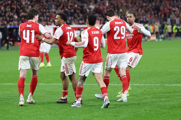 GER, UEFA CL, Round of 16, Bayer 04 Leverkusen GER vs FC Arsenal ENG , 11 03 2026, BayArena, Leverkusen, GER, UEFA CL, Round of 16, Bayer 04 Leverkusen GER vs FC Arsenal ENG , , pictured Kai Havertz FC Arsenal 29 , converts the 11 meter goal celebration, Kai Havertz FC Arsenal 29 , Jurrià n Timber FC Arsenal 12 , Martin Zubimendi FC Arsenal 36 , nordphotoxGmbHx xMeuter nph00351