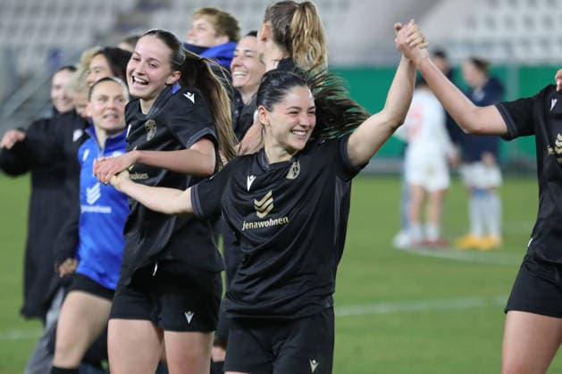 DFB Pokal Women FC Carl Zeiss Jena SC Sand 1946 11 03 26 Olivia Matilde Johansson Alcaide 9, Carl Zeiss Jena cheers with her team joy, emotions, victory soccer, DFB Pokal Women, quarterfinal FC Carl Zeiss Jena vs SC Sand 1946 on 11 03 26 at Ernst Abbe Sportfeld ad hoc arena, Jena DFL REGULATIONS PROHIBIT ANY USE OF PHOTOGRAPHS AS IMAGE SEQUENCES AND OR QUASI VIDEO Copyright: xBEAUTIFULxSPORTS JanxKaeferx