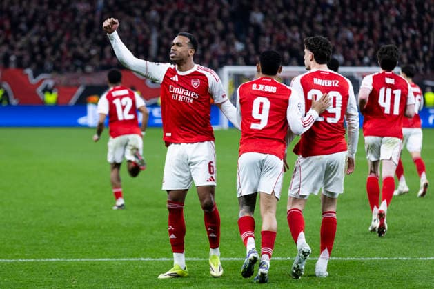 LEVERKUSEN, GERMANY - MARCH 11:Goal celebration of Gabriel (FC Arsenal, 6), Gabriel Jesus (FC Arsenal, 9) and Kai Havertz (FC Arsenal, 29) during the UEFA Champions League match between Bayer Leverkusen vs. FC Arsenal in the first leg of the round of 16 at BayArena on March 11th, 2026 in Leverkusen, Germany. NRW Germany Copyright: xBEAUTIFULxSPORTS JulianxMeuselx
