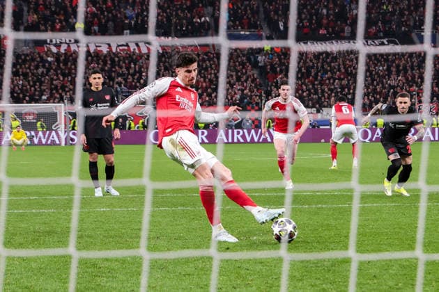 11 03 2026, Football, UEFA Champions League round of 16, Bayer 04 Leverkusen Arsenal London, Kai Havertz Arsenal London scores to make it 1 1 from the penalty spot Leverkusen BayArena NRW Germany xRHR PHOTO DEx Copyright: DennisxEwert RHR-FOTOx RHR-FOTO DE