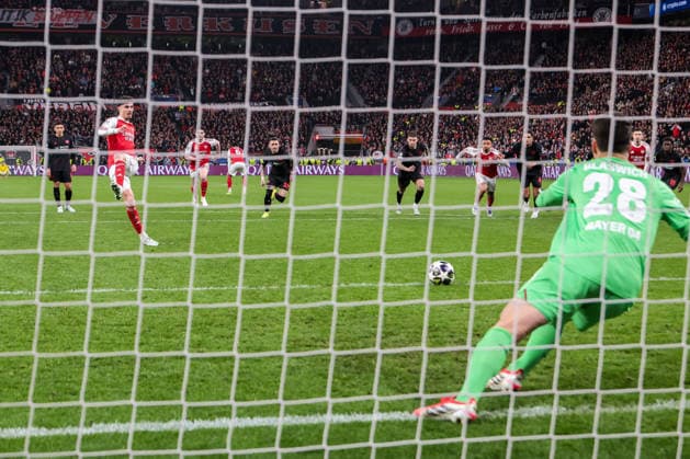 11 03 2026, Football, UEFA Champions League round of 16, Bayer 04 Leverkusen Arsenal London, Kai Havertz Arsenal London scores to make it 1 1 from the penalty spot Leverkusen BayArena NRW Germany xRHR PHOTO DEx Copyright: DennisxEwert RHR-FOTOx RHR-FOTO DE