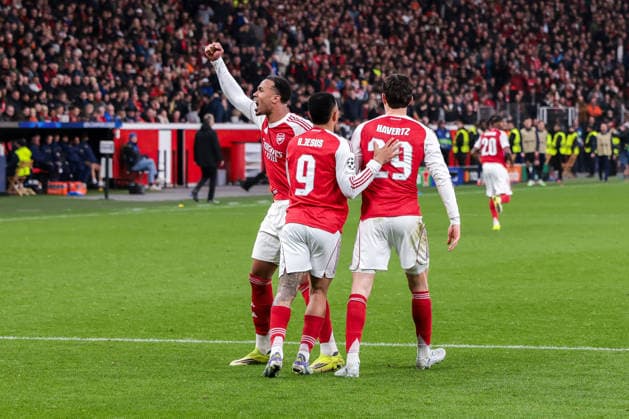 11 03 2026, Football, UEFA Champions League round of 16, Bayer 04 Leverkusen Arsenal London, f l Gabriel Magalhaes Arsenal London , Gabriel Jesus Arsenal London , Kai Havertz Arsenal London celebrate the goal for 1 1 Leverkusen BayArena NRW Germany xRHR PHOTO DEx Copyright: DennisxEwert RHR-FOTOx RHR-FOTO DE
