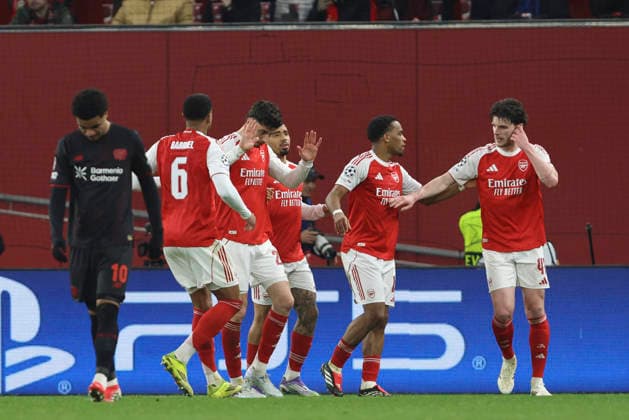 Kai Havertz Arsenal FC celebrates after scoring his team s first goal with teammates during the UEFA Champions League 2025 26 Round of 16 First Leg match between Bayer 04 Leverkusen and Arsenal FC at BayArena on March 11, 2026 in Leverkusen, Germany Photo by Oliver Kaelke DeFodi Images