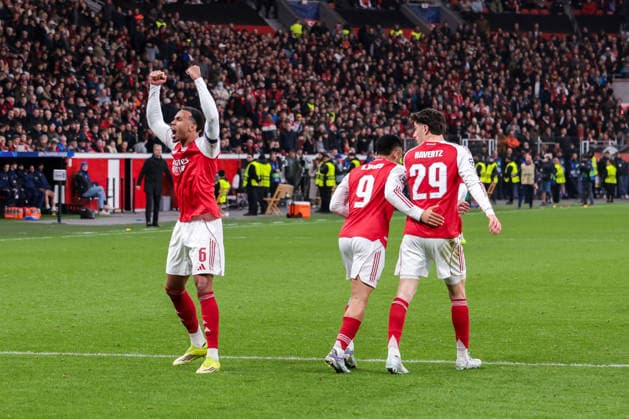 11 03 2026, Football, UEFA Champions League round of 16, Bayer 04 Leverkusen Arsenal London, f l Gabriel Magalhaes Arsenal London , Gabriel Jesus Arsenal London , Kai Havertz Arsenal London celebrate the goal for 1 1 Leverkusen BayArena NRW Germany xRHR PHOTO DEx Copyright: DennisxEwert RHR-FOTOx RHR-FOTO DE