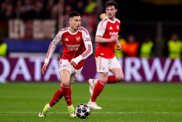 LEVERKUSEN, GERMANY - MARCH 11: Gabriel Martinelli of Arsenal dribbles with the ball during the UEFA Champions League 2025 26 Round of 16 First Leg match between Bayer 04 Leverkusen and Arsenal FC at BayArena on March 11, 2026 in Leverkusen, Germany.  Copyright: xRenexNijhuis MBxMediax