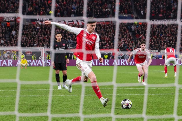 11 03 2026, Football, UEFA Champions League round of 16, Bayer 04 Leverkusen Arsenal London, Kai Havertz Arsenal London scores to make it 1 1 from the penalty spot Leverkusen BayArena NRW Germany xRHR PHOTO DEx Copyright: DennisxEwert RHR-FOTOx RHR-FOTO DE