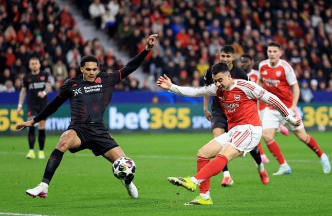 Gabriel Martinelli of Arsenal attempts a shot on goal Bayer 04 Leverkusen v Arsenal, UEFA Champions League, Round of 16, First Leg, Football, BayArena, Leverkusen, Germany - 11 Mar 2026Leverkusen BayArena Germany EDITORIAL USE ONLY No use with unauthorised audio, video, data, fixture lists, club league logos or live services. Online in-match use limited to 120 images, no video emulation. No use in betting, games or single club league player publications. Copyright: xGeorgexTewkesbury Shutterstockx 16746712be