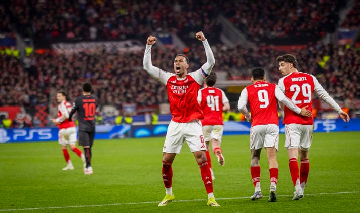 Leverkusen, Germany 11th Mar 2026 Goal celebration Gabriel Magalhaes Arsenal Gabriel Jesus Arsenal Kai Havertz Arsenal Bayer Leverkusen Arsenal London 11 03 2026