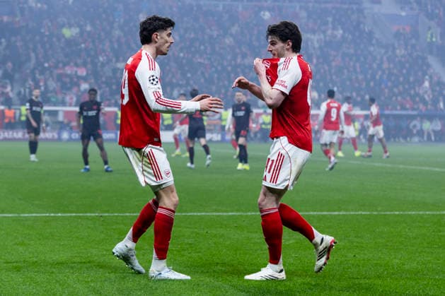 LEVERKUSEN, GERMANY - MARCH 11: Kai Havertz (FC Arsenal, 29), Declan Rice (FC Arsenal, 41) during the UEFA Champions League match between Bayer Leverkusen vs. FC Arsenal in the first leg of the round of 16 at BayArena on March 11th, 2026 in Leverkusen, Germany. NRW Germany Copyright: xBEAUTIFULxSPORTS JulianxMeuselx