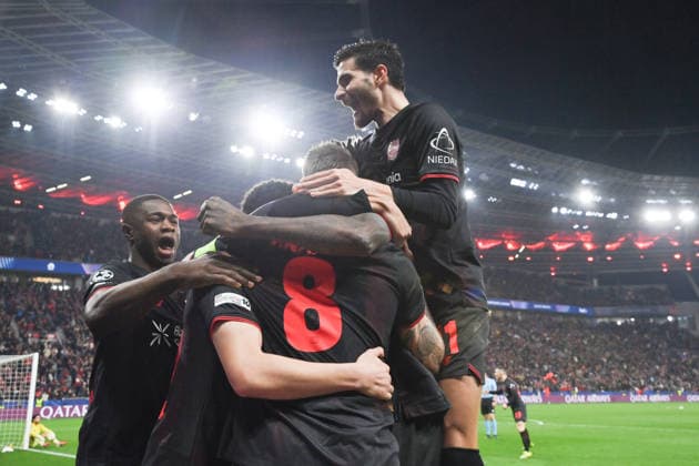 Jubel 1 0, v re , Martin Terrier Bayer 04 Leverkusen , Robert Andrich Bayer 04 Leverkusen , Christian Kofane Bayer 04 Leverkusen 11 03 2026, Fußball, UEFA Champions League 2025 2026, Achtelfinale, Bayer 04 Leverkusen FC Arsenal 1 1 UEFA regulations prohibit any use of photographs as image sequences and or quasi video Leverkusen BayArena Nordrhein Westfalen Germany Team2