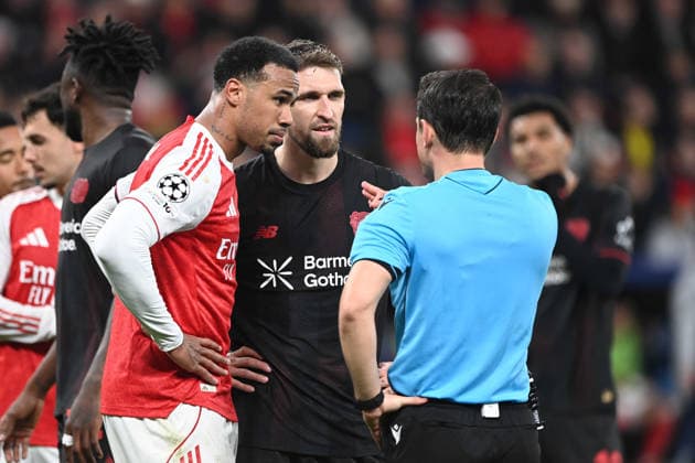 Discussion Robert ANDRICH LEV , Referee Halil Umut MELER TUR and GABRIEL after penalty decision, Soccer Champions League, Round of 16, Bayer 04 Leverkusen LEV FC Arsenal London ARS 1 1 on 11 03 2026 in Leverkusen Germany UEFA regulations prohibit any use of photographs as image sequences and or quasi video Â