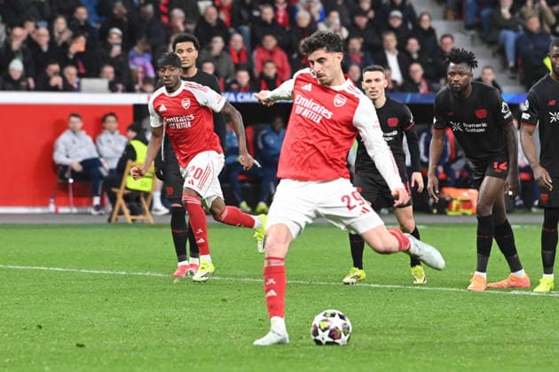 Kai HAVERTZ scores from the penalty spot to make it 1 1, Football Champions League, Round of 16, Bayer 04 Leverkusen LEV FC Arsenal London ARS 1 1 on 11 03 2026 in Leverkusen Germany UEFA regulations prohibit any use of photographs as image sequences and or quasi video Â