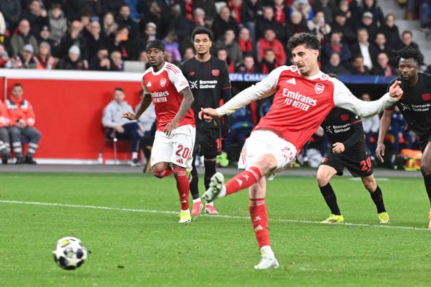 Kai HAVERTZ scores from the penalty spot to make it 1 1, Football Champions League, Round of 16, Bayer 04 Leverkusen LEV FC Arsenal London ARS 1 1 on 11 03 2026 in Leverkusen Germany UEFA regulations prohibit any use of photographs as image sequences and or quasi video Â