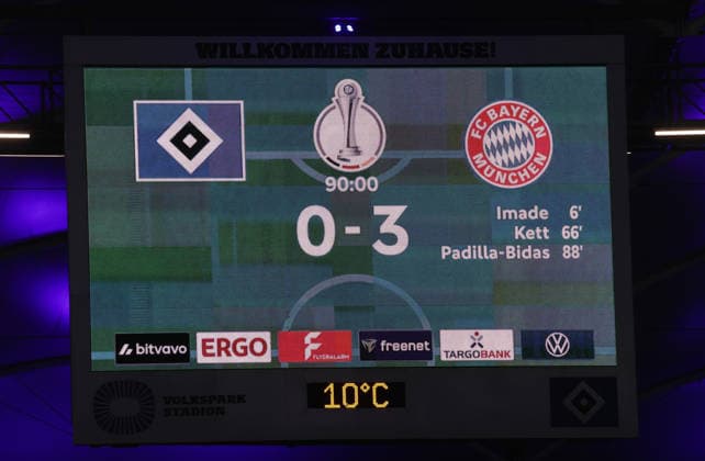 Scoreboard with final score 0 3 Football, Season 2025 2026, Women, DFB Cup, Quarter-final, Volksparkstadion Hamburg, Hamburger SV vs FC Bayern Muenchen, 0 3 DFL REGULATIONS PROHIBIT ANY USE OF PHOTOGRAPHS AS IMAGE SEQUENCES AND OR QUASI VIDEO
