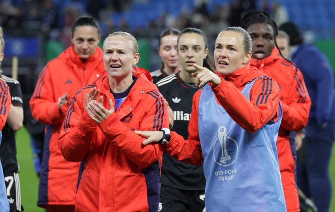 Pernille Harder FC Bayern Muenchen and Magdalena Eriksson FC Bayern Muenchen celebrate the victory Football, Season 2025 2026, Women, DFB Pokal, Quarterfinal, Volksparkstadion Hamburg, Hamburger SV vs FC Bayern Muenchen, 0 3 DFL REGULATIONS PROHIBIT ANY USE OF PHOTOGRAPHS AS IMAGE SEQUENCES AND OR QUASI VIDEO