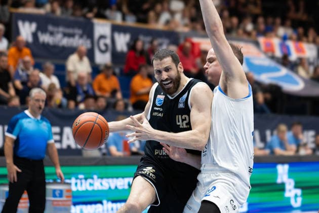 Nemanja Djurisic MBC, 42 , Dominik Zak BKO, 22 , Syntainics MBC vs BK Olomoucko, European North Basketball League, Round of 16, 2025 26, Germany, Czech Republic, 11 03 2026 Weissenfels Stadthalle Sachsen Anhalt Germany
