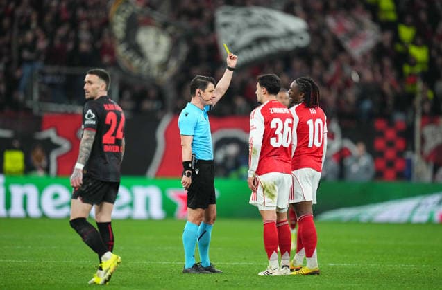 Martin Zubimendi FC Arsenal receives a yellow card during Bayer Leverkusen and FC Arsenal at BayArena, Leverkusen, Germany on March 11, 2026 Thor Wegner DeFodi Images Photo by DeFodi Images