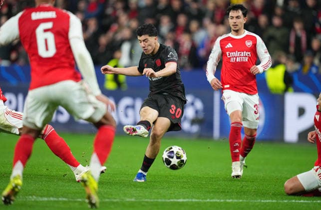 Ibrahim Maza Bayer 04 Leverkusen shoots on goal during Bayer Leverkusen and FC Arsenal at BayArena, Leverkusen, Germany on March 11, 2026 Thor Wegner DeFodi Images Photo by DeFodi Images