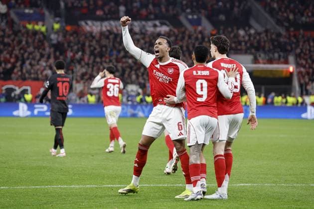 LEVERKUSEN (l-r) Gabriel of Arsenal FC, Gabriel Jesus of Arsenal FC, and Kai Havertz of Arsenal FC celebrate the 1-1 draw during the UEFA Champions League match between Bayer 04 Leverkusen v Arsenal at the BayArena on March 11, 2026, in Leverkusen, Germany. BART STOUTJESDIJK ANP FOC 2026 2027 xVIxANPxSportx xBartxStoutjesdijkxIVx 553068421 originalFilename: 553068421.jpg