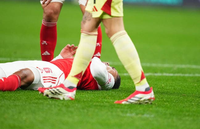 Gabriel Magalhaes FC Arsenal on the ground during Bayer Leverkusen and FC Arsenal at BayArena, Leverkusen, Germany on March 11, 2026 Thor Wegner DeFodi Images Photo by DeFodi Images