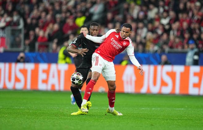 Gabriel Magalhaes FC Arsenal and Exequiel Palacios Bayer 04 Leverkusen battle for the ball during Bayer Leverkusen and FC Arsenal at BayArena, Leverkusen, Germany on March 11, 2026 Thor Wegner DeFodi Images Photo by DeFodi Images