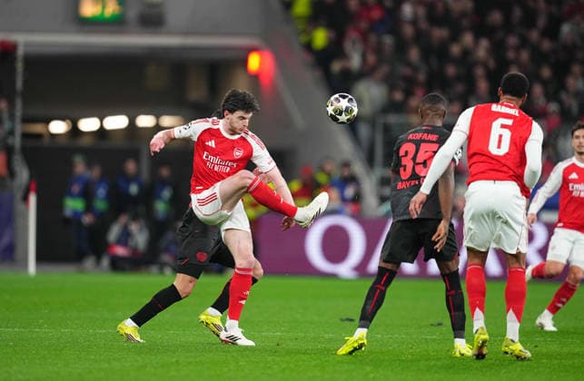 Declan Rice FC Arsenal controls the ball during Bayer Leverkusen and FC Arsenal at BayArena, Leverkusen, Germany on March 11, 2026 Thor Wegner DeFodi Images Photo by DeFodi Images