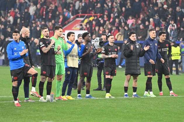 restrained final cheer, jubilant, jubilation, enthusiasm, joy, emotion Bayer Leverkusen Football Champions League, Round of 16, Bayer 04 Leverkusen LEV FC Arsenal London ARS 1 1 on 11 03 2026 in Leverkusen Germany UEFA regulations prohibit any use of photographs as image sequences and or quasi video Â