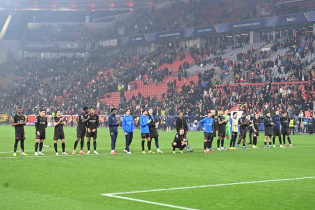 restrained final cheer, jubilant, jubilation, enthusiasm, joy, emotion Bayer Leverkusen Football Champions League, Round of 16, Bayer 04 Leverkusen LEV FC Arsenal London ARS 1 1 on 11 03 2026 in Leverkusen Germany UEFA regulations prohibit any use of photographs as image sequences and or quasi video Â